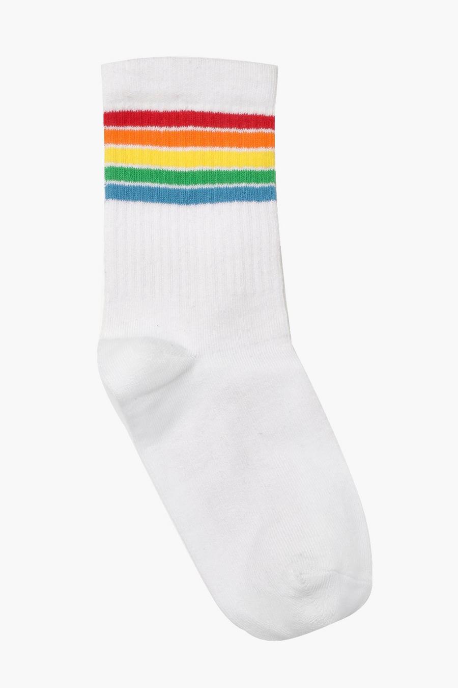 White Rainbow Striped Ribbed Sports Socks