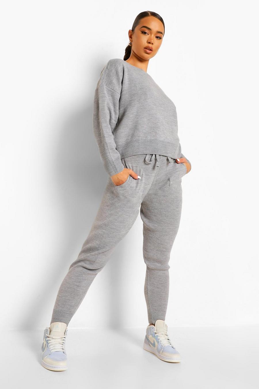 Grey Slash Neck Cropped Knitted Co-Ord image number 1