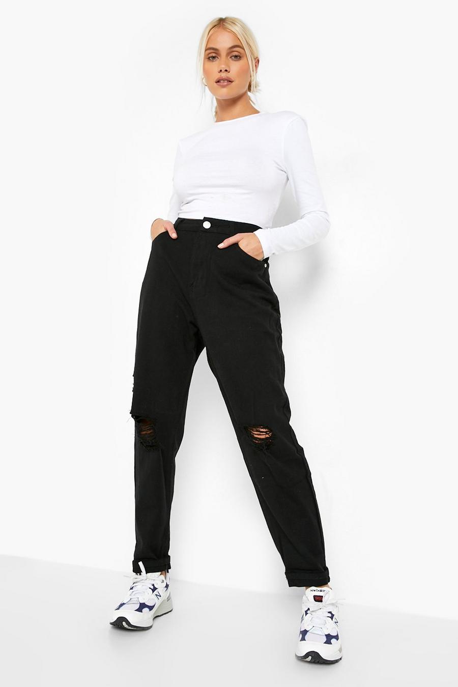 Mom-Jeans in Used-Optik mit hohem Bund, Schwarz black