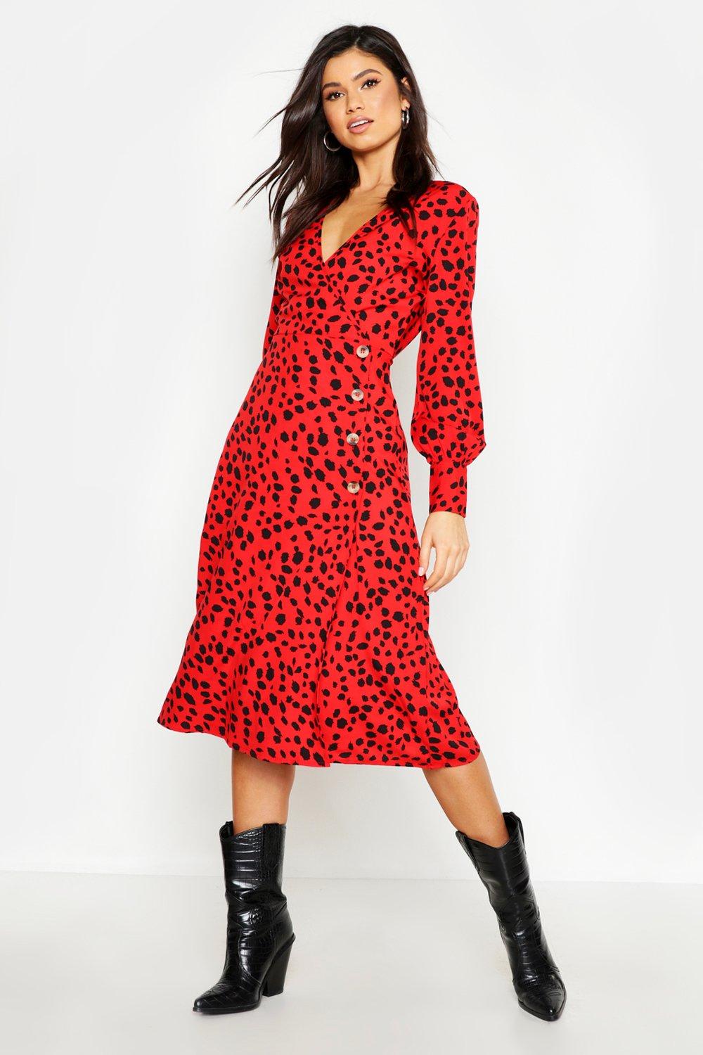 red dalmatian print dress