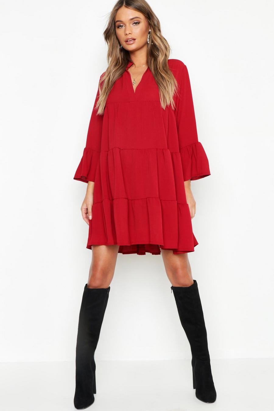 Berry red Woven Tiered Smock Dress