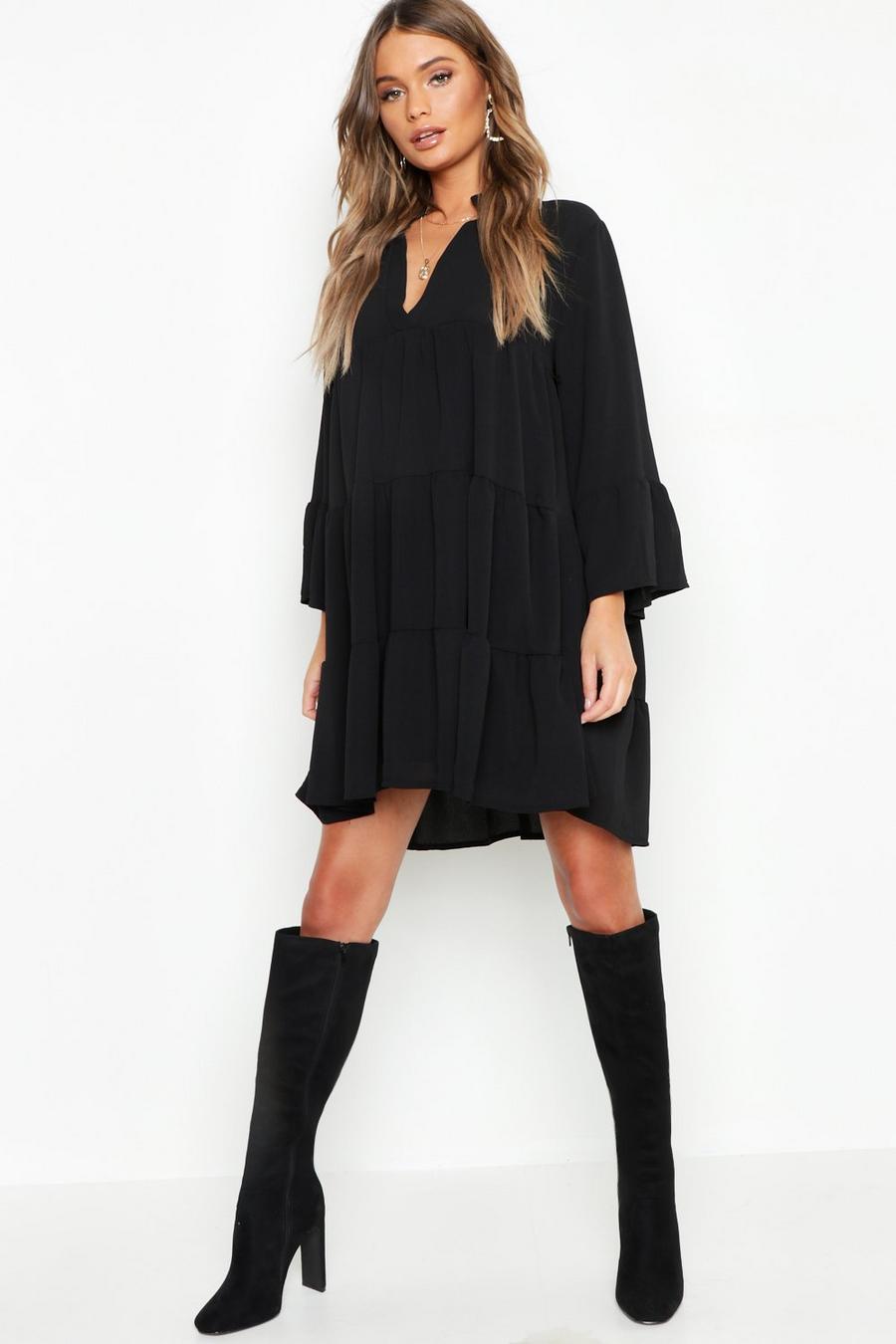 Black Woven Tiered Smock Dress image number 1