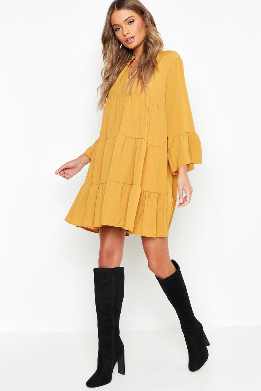 Mustard Woven Tiered Smock Dress image number 1