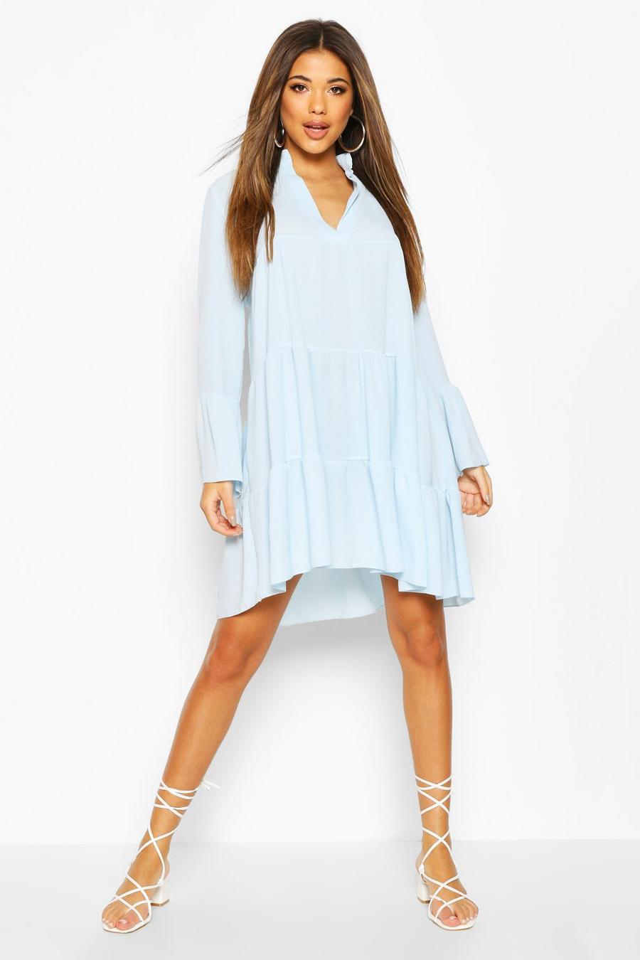 Powder blue Woven Tiered Smock Dress image number 1