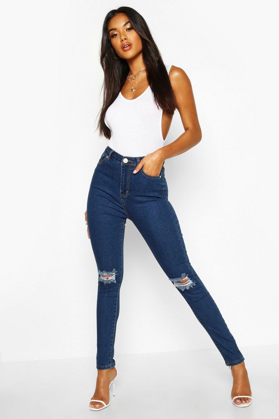 Mid blue Skinny jeans med slitna detaljer och hög midja image number 1