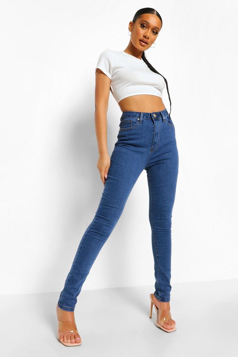 Skinny Jeans mit hohem Bund, Mittelblau image number 1