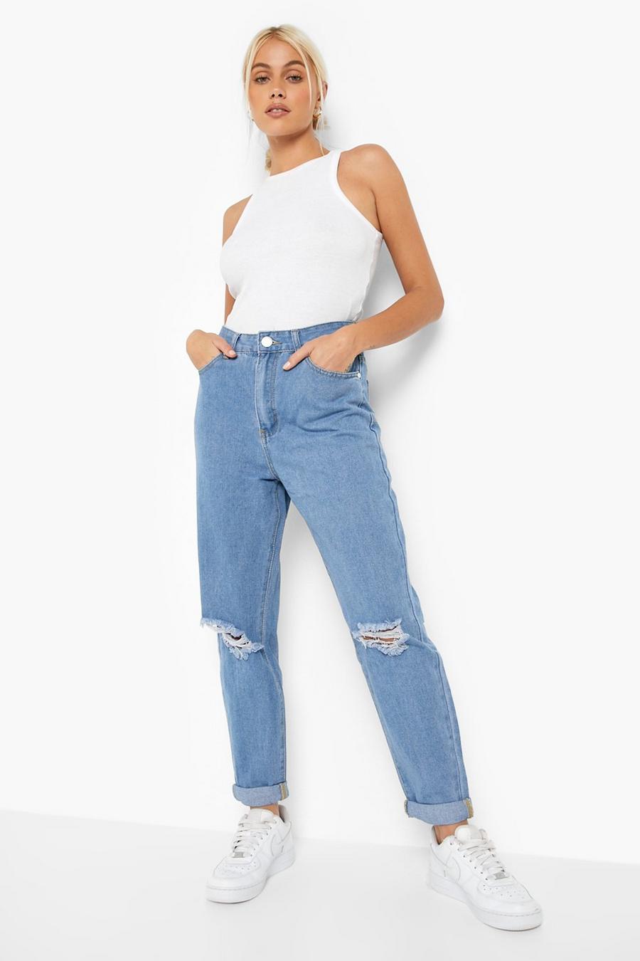 Light blue Basics Mid Rise Ripped Mom Jeans image number 1
