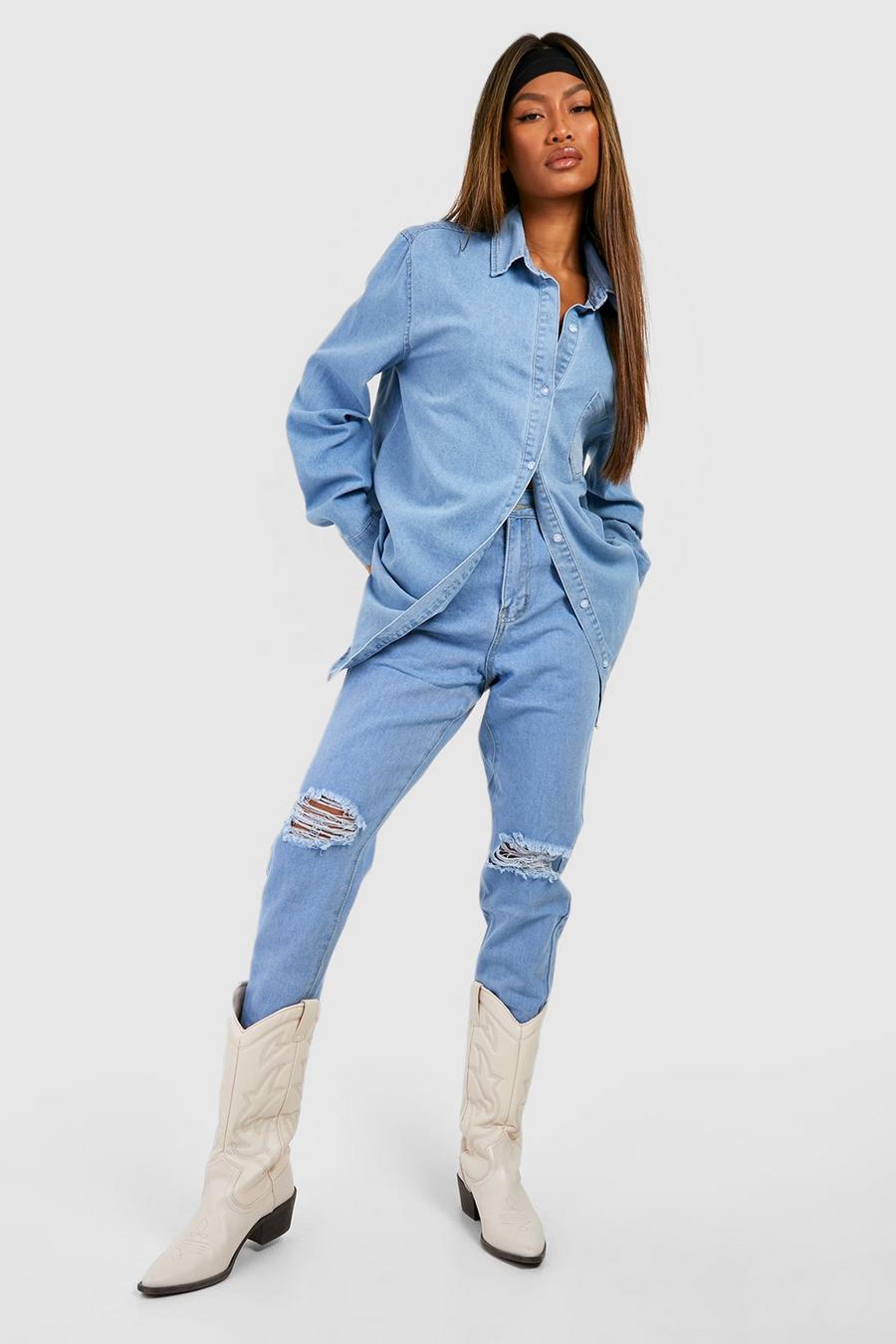 Light blue azul Basics High Waisted Ripped Mom Jeans image number 1
