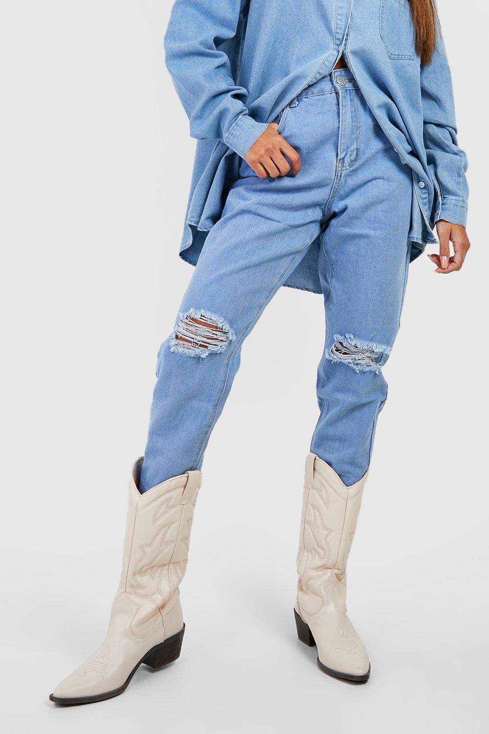light blue distressed mom jeans