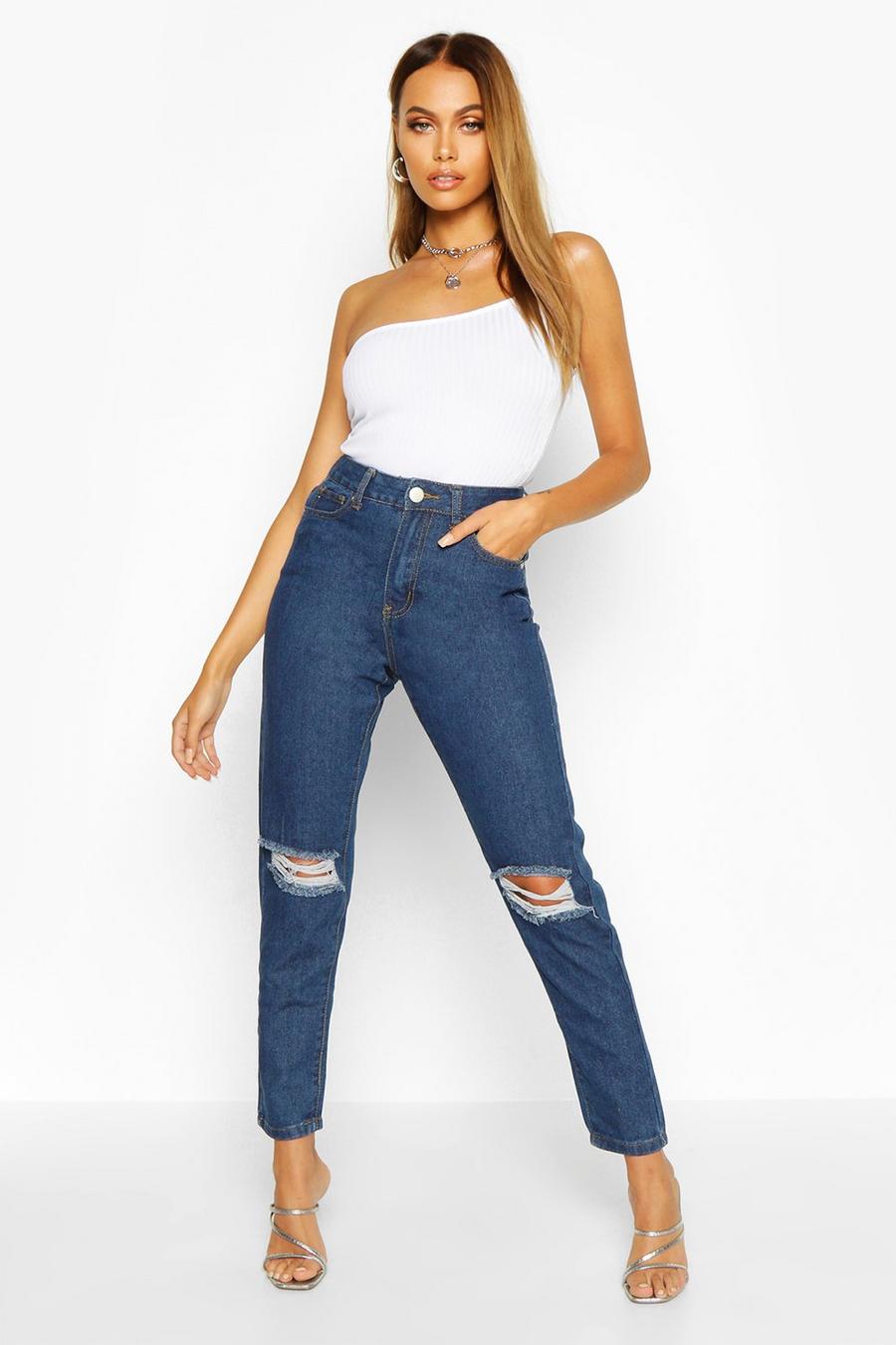 Mid blue High Waist Distressed Mom Jeans image number 1