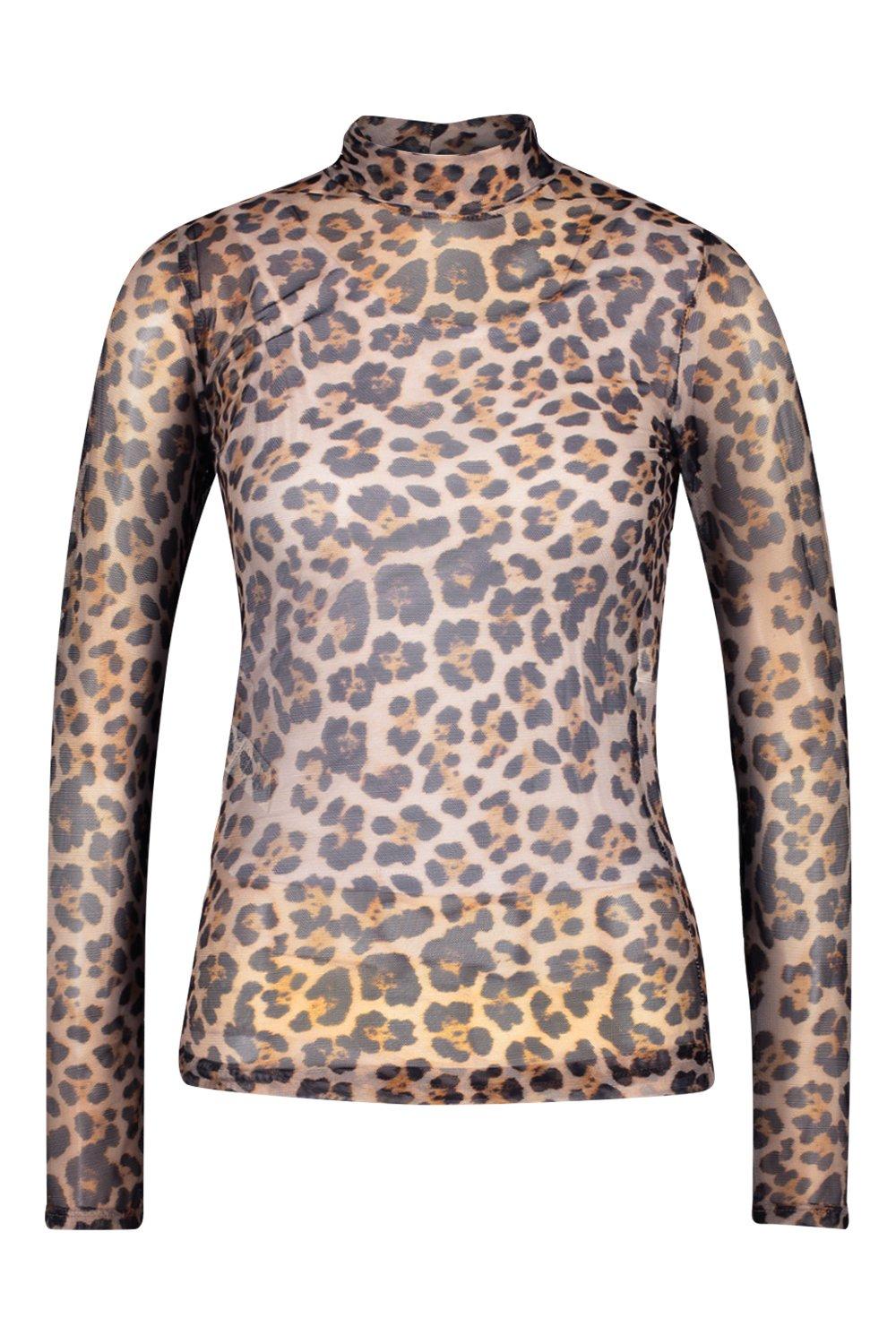 Women's Leopard Print Mesh Turtle Neck Long Sleeve Top