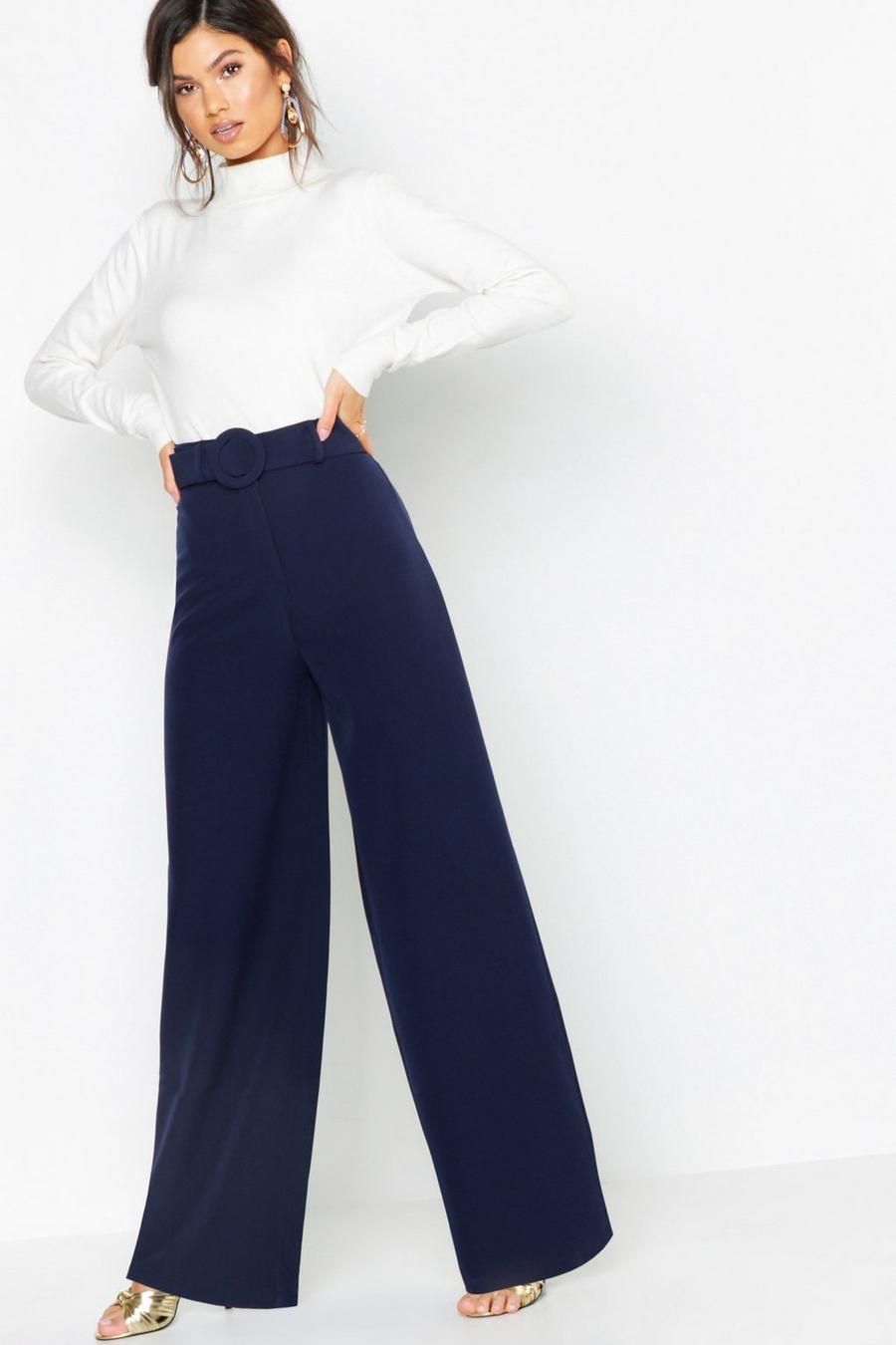 Navy Wide Leg Belted High Waist Trouser image number 1