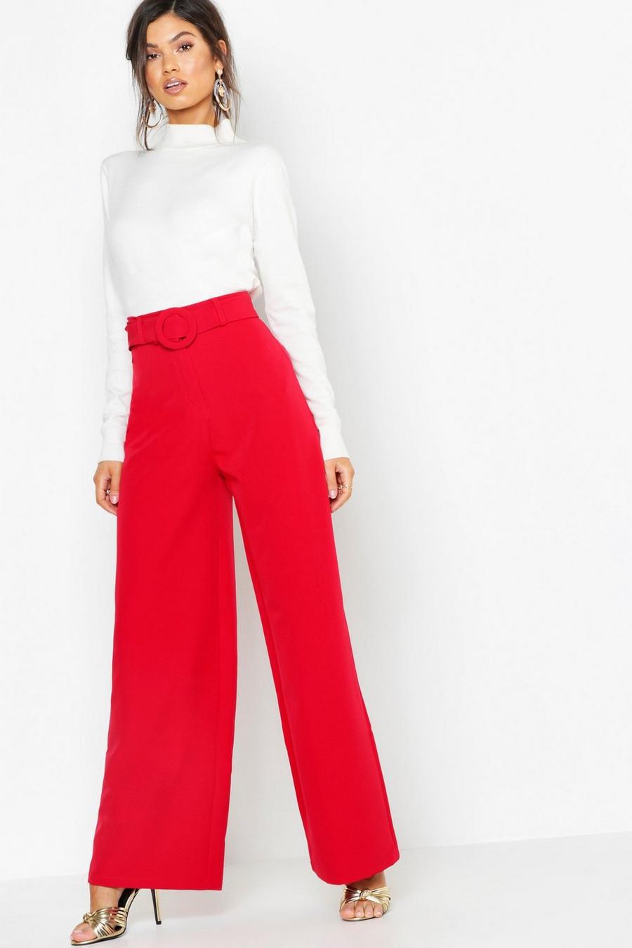 Red Wide Leg Belted High Waist Pants image number 1