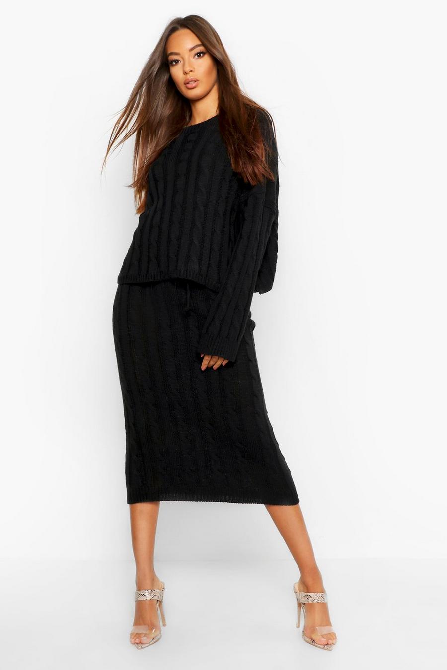Black Cable Knit Jumper And Skirt Set