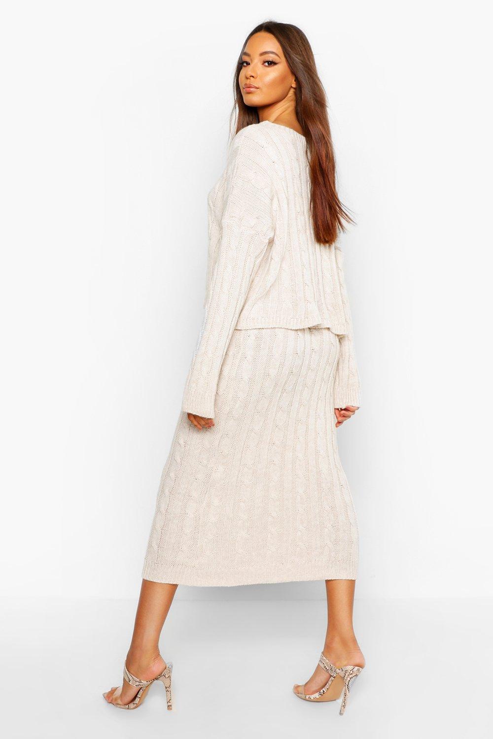 white sweater skirt set