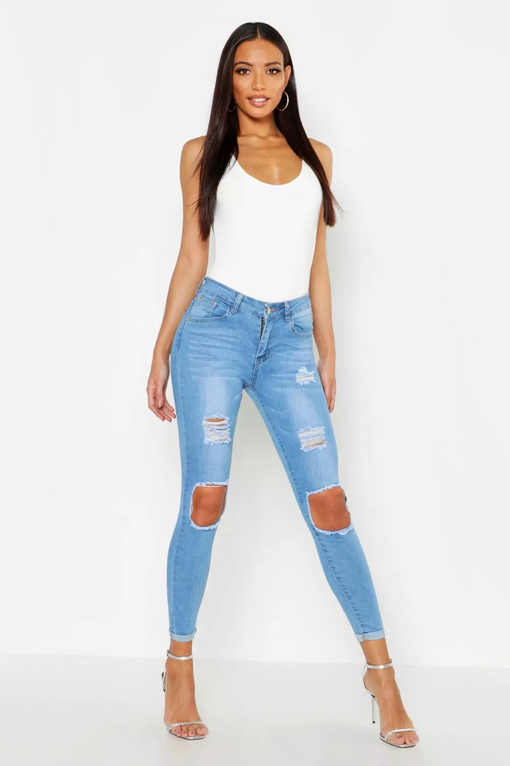 High Waisted Distressed Skinny Jeans Boohoo