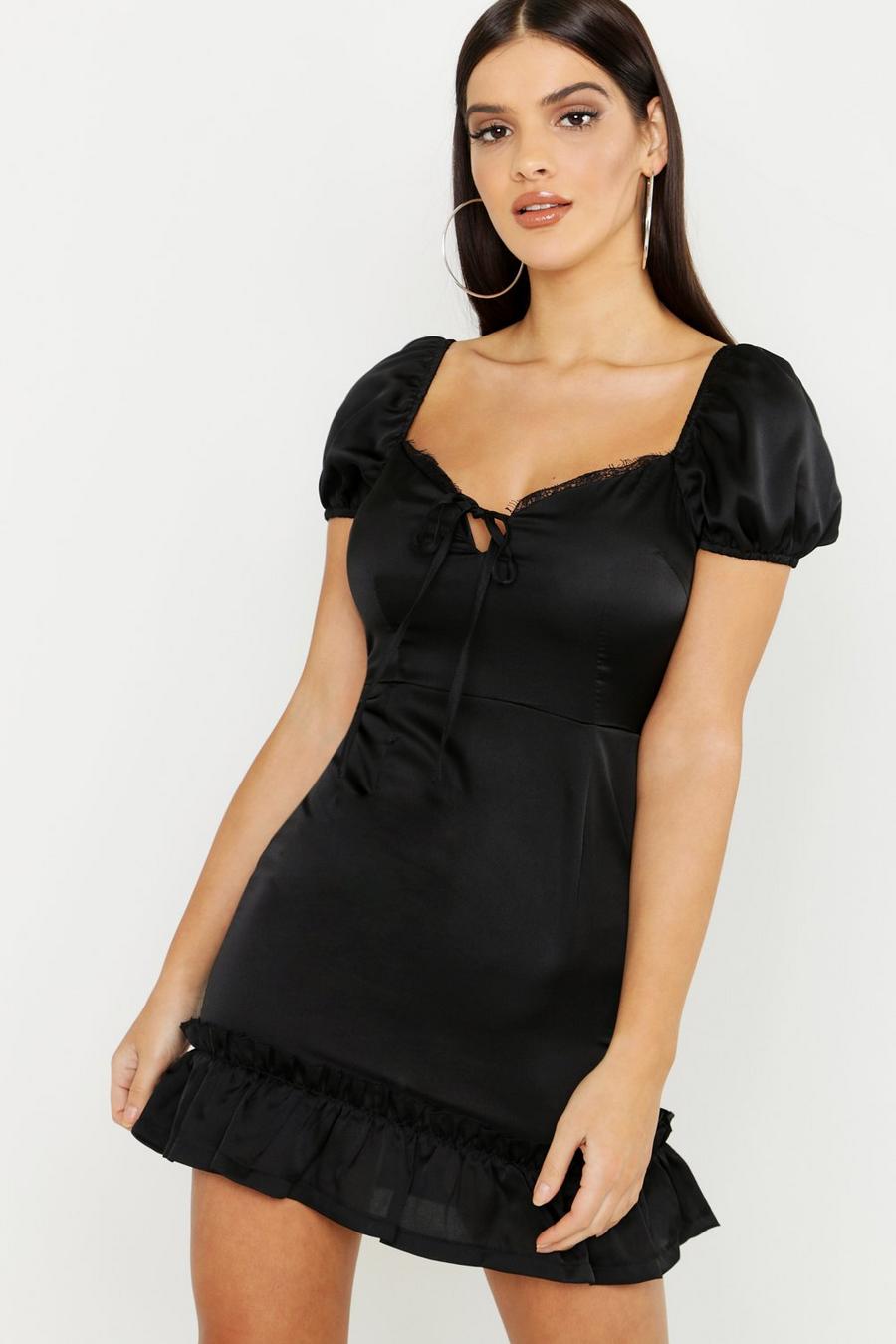 Black Satin & Lace Trim Mini Dress image number 1