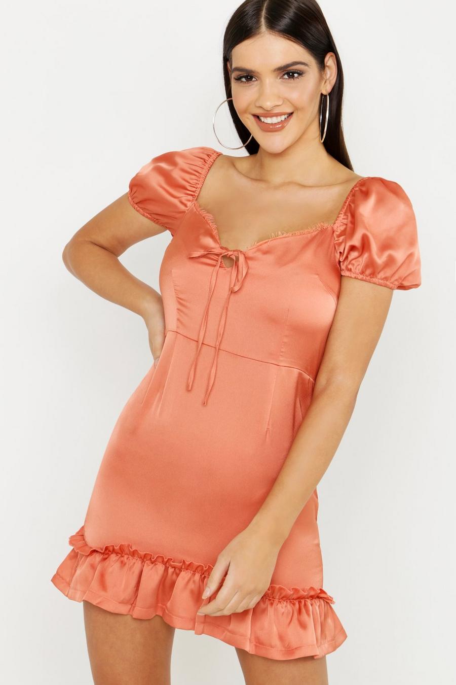 Terracotta Satin & Lace Trim Mini Dress image number 1