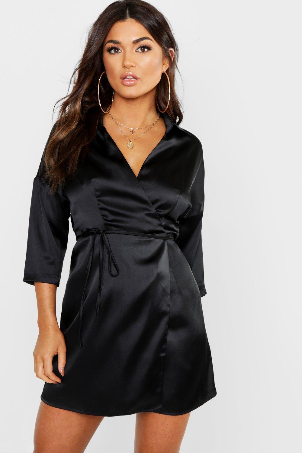 boohoo wrap dress black