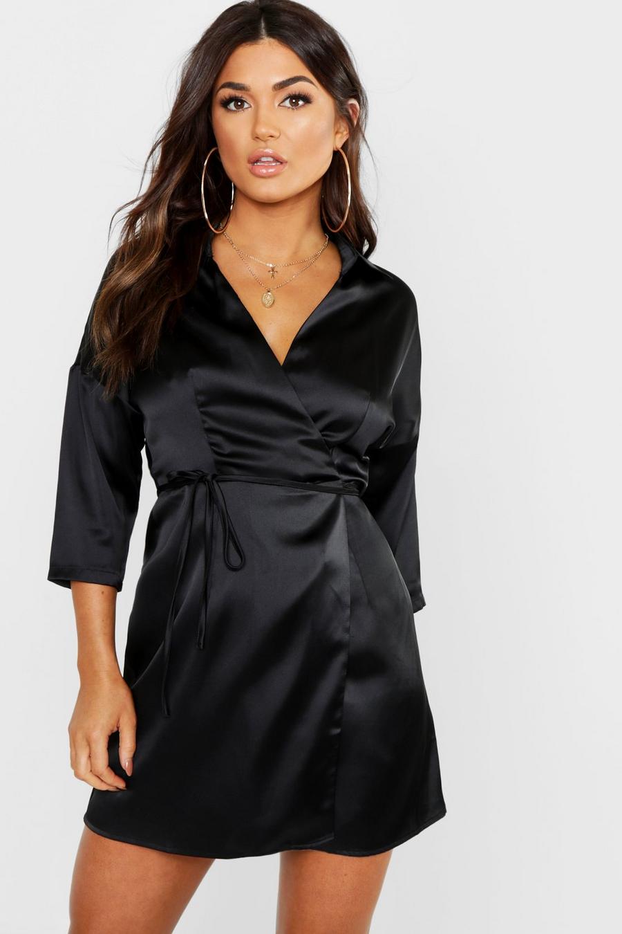 Black Satin Wrap Dress image number 1