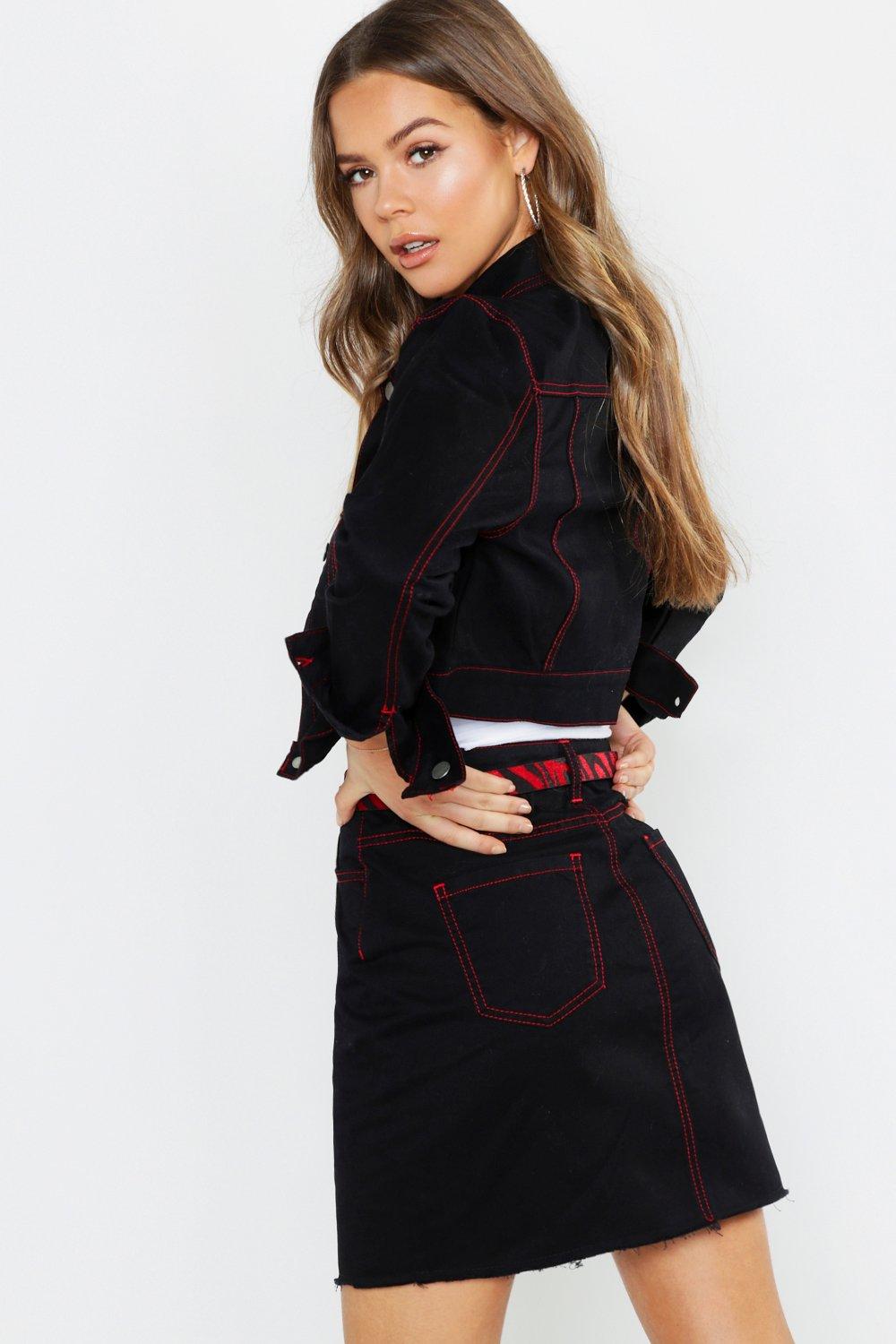 Red denim jacket on sale boohoo