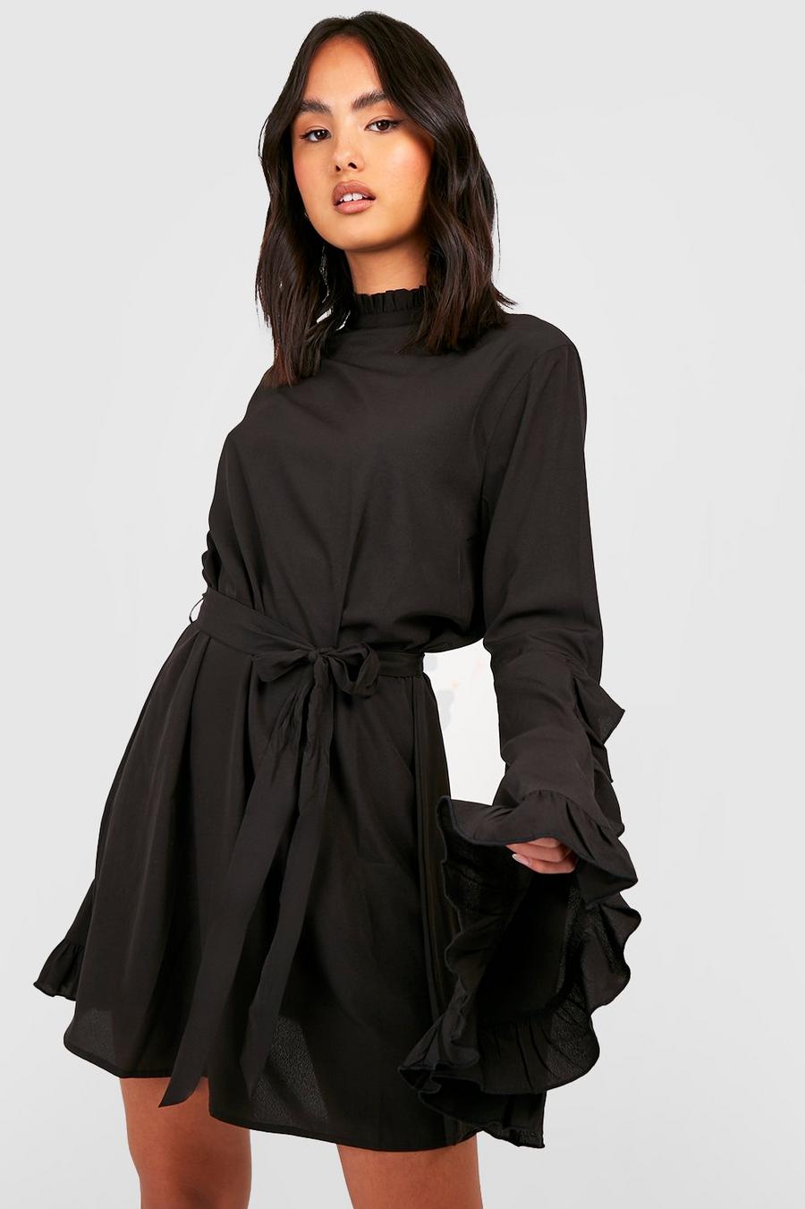 שחור שמלת שיפט בסגנון בוהמי עם צווארון גבוה ושרוול מתרחב image number 1