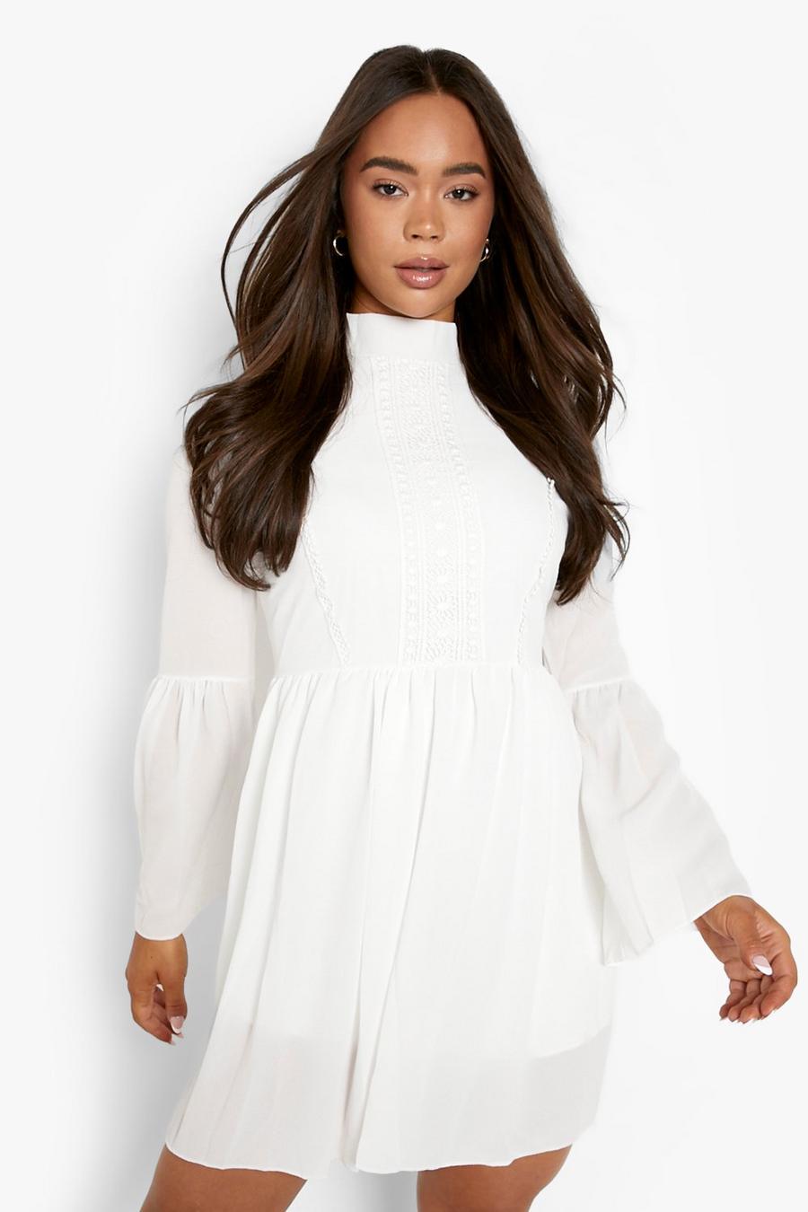 White vit Boho Crochet Detail Wide Sleeve Smock Dress