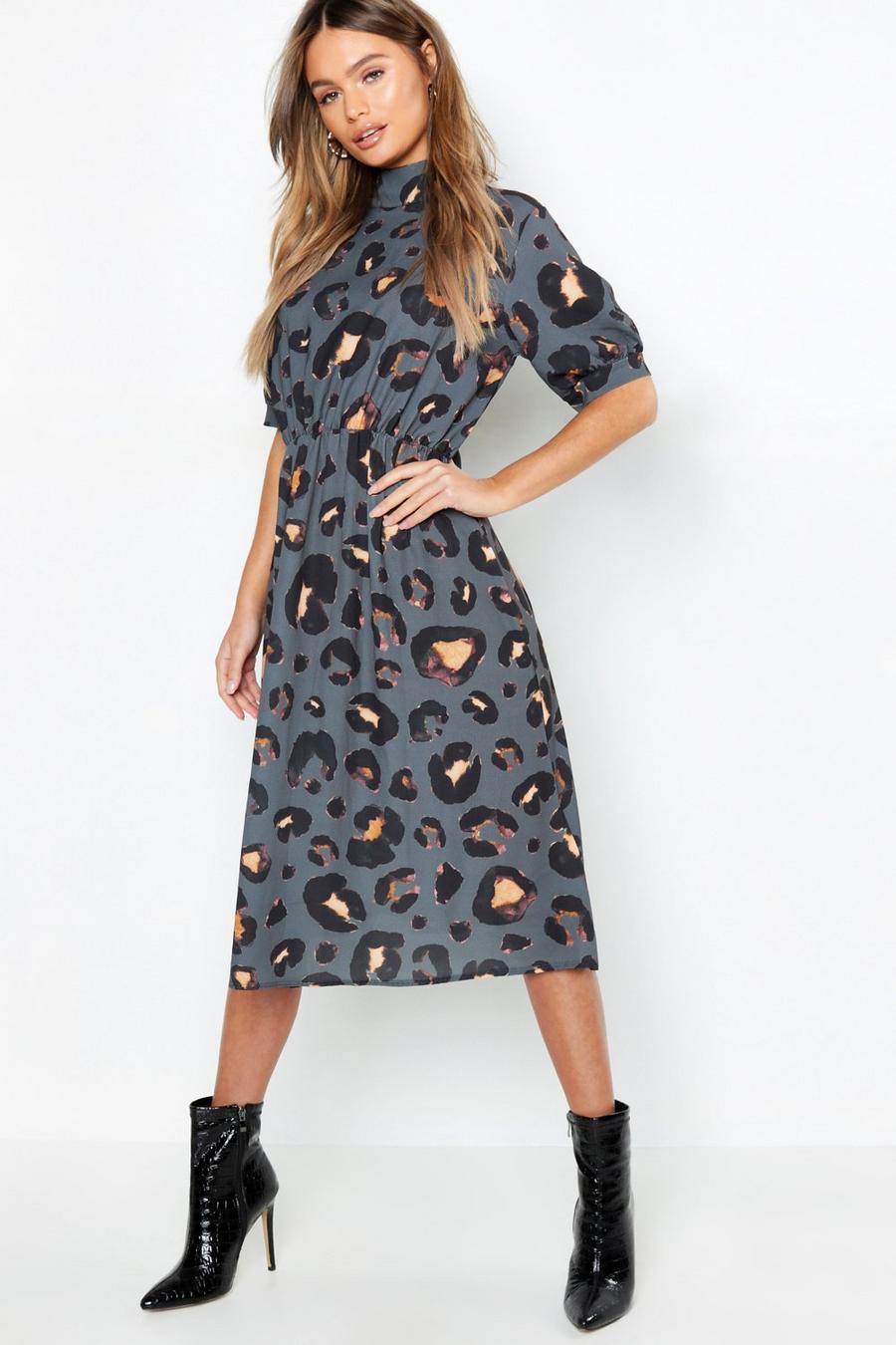 Khaki Leopard Print High Neck Midi Dress image number 1