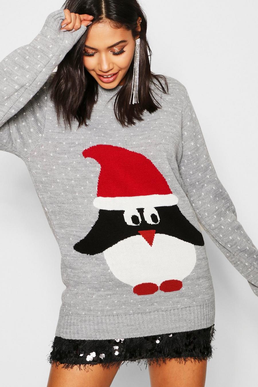 כסף סוודר לחג המולד עם פינגווין עם כובע סנטה קלאוס image number 1
