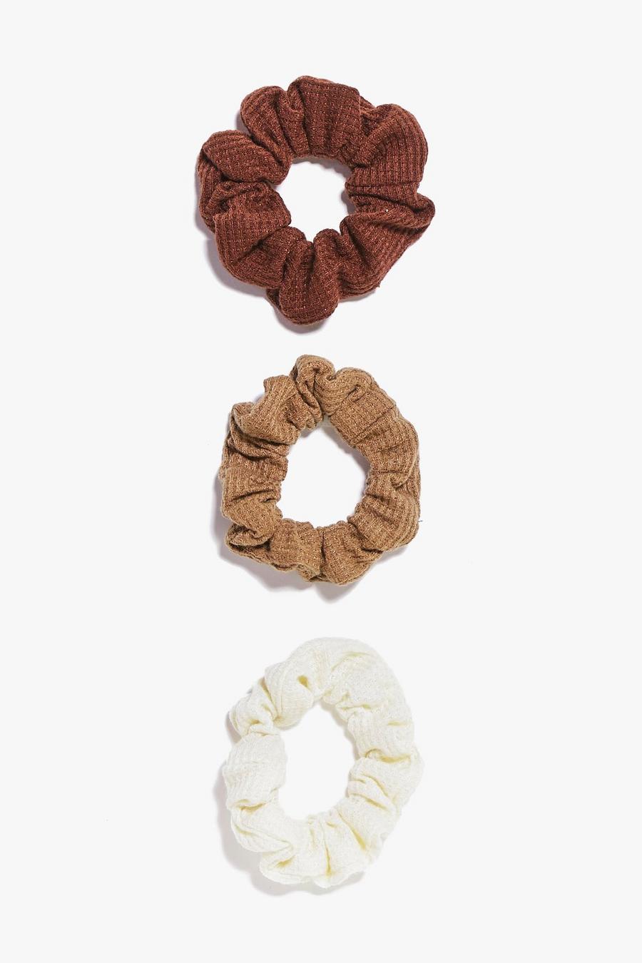 Brown 3 Pack Textured Scrunchies image number 1