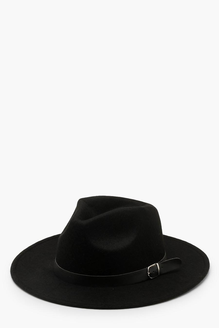Black svart Fedora Hat With Buckle Trim