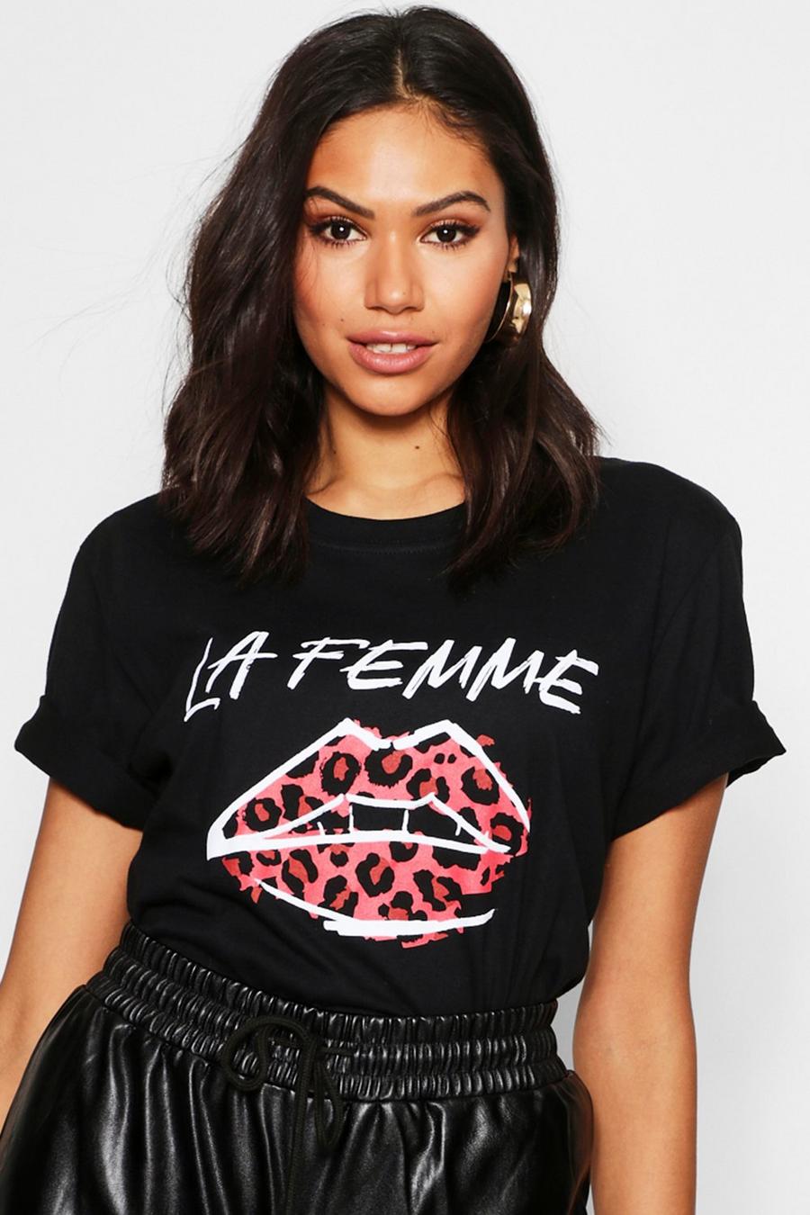 T-Shirt mit Lippen-Print und Slogan, Schwarz