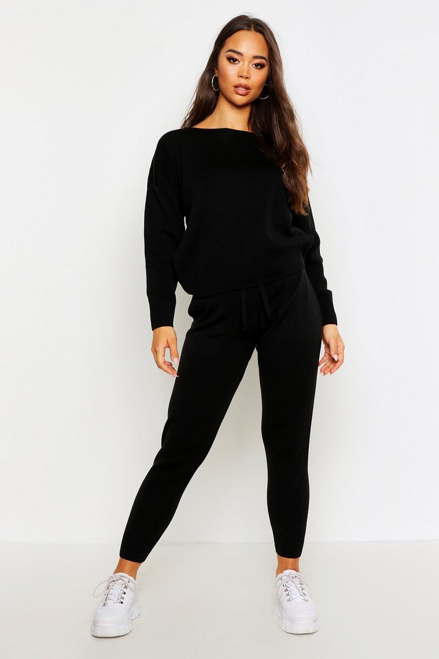 Black Boat Neck Knitted Tracksuit image number 1