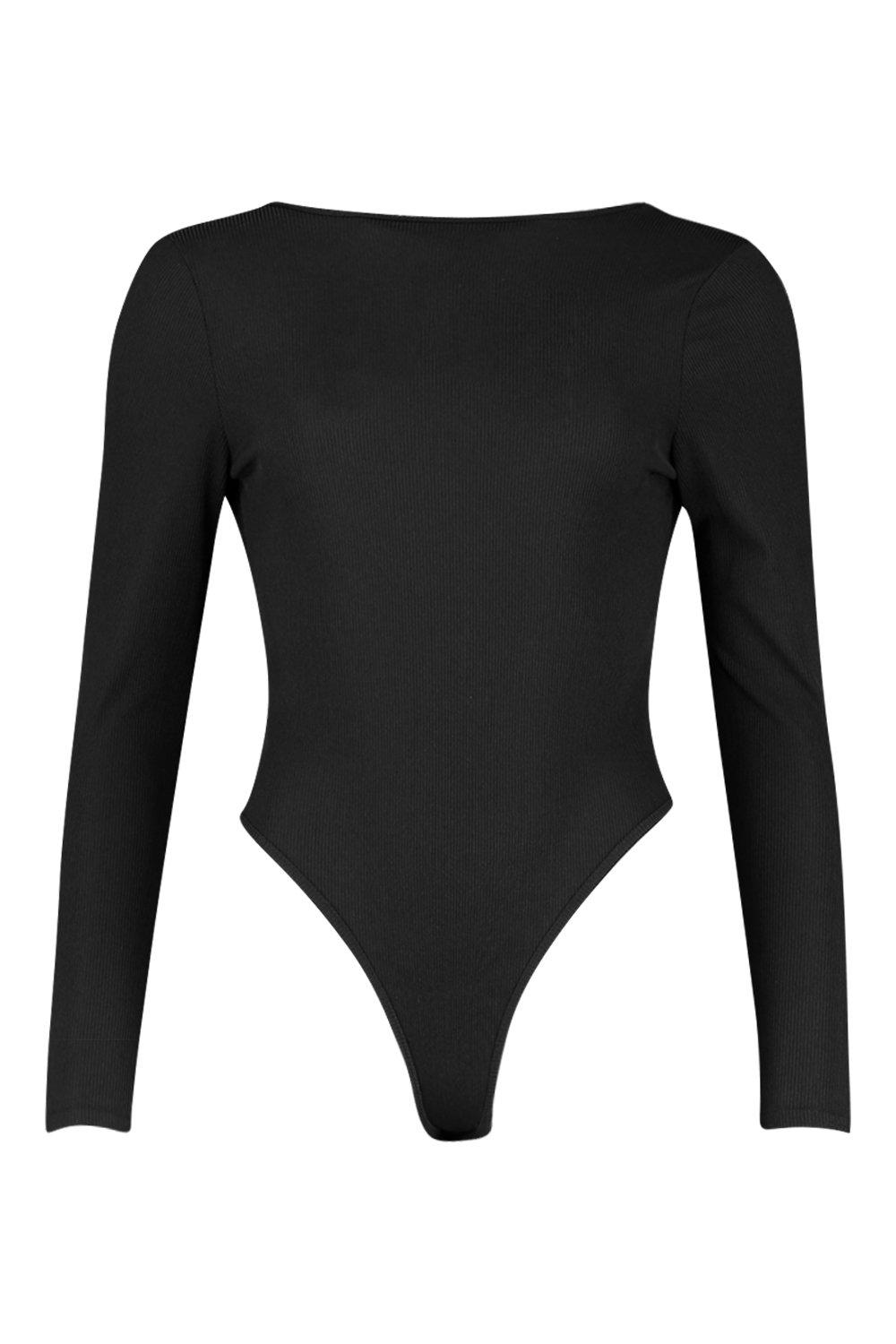 Curves Black Ribbed Jersey Long Sleeve Keyhole Bodysuit
