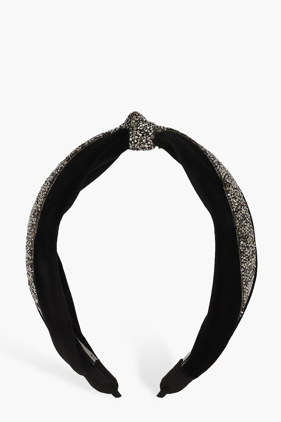 Black noir Velvet Embellished Knot Top Headband image number 1