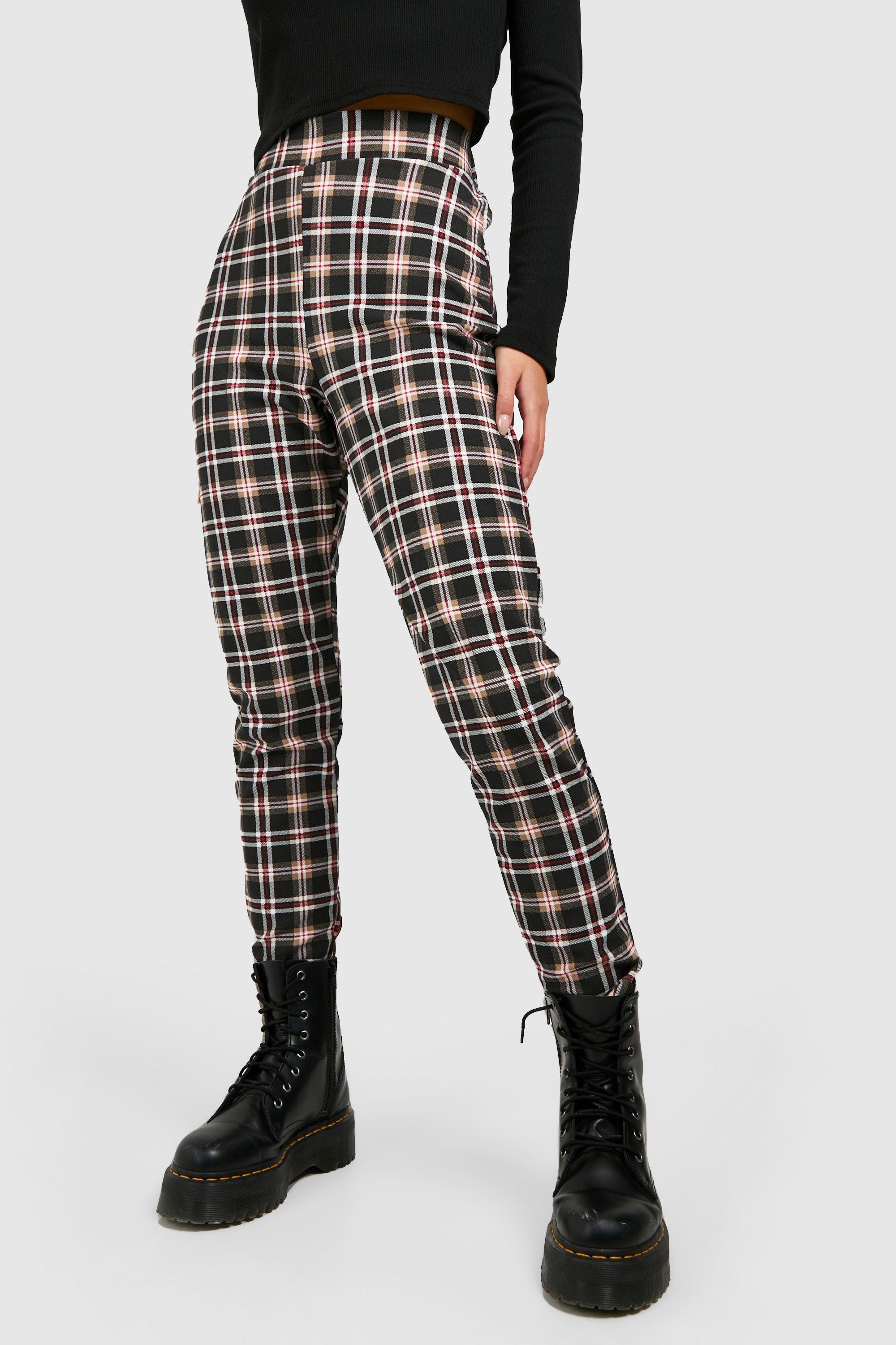 Black & Pink Plaid Split Super Skinny Jeans