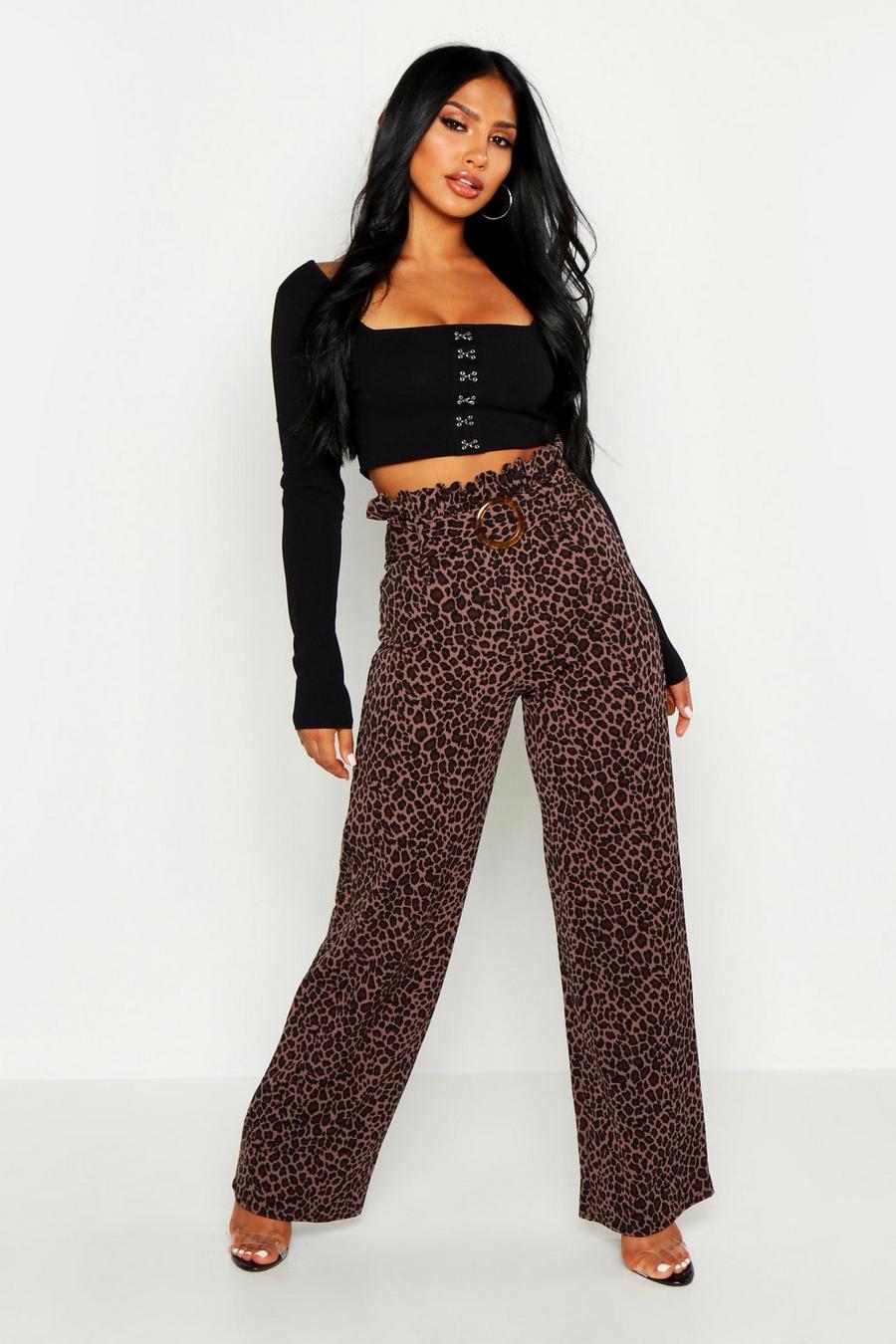 Paperbag Waist Belted Leopard Print Pants image number 1