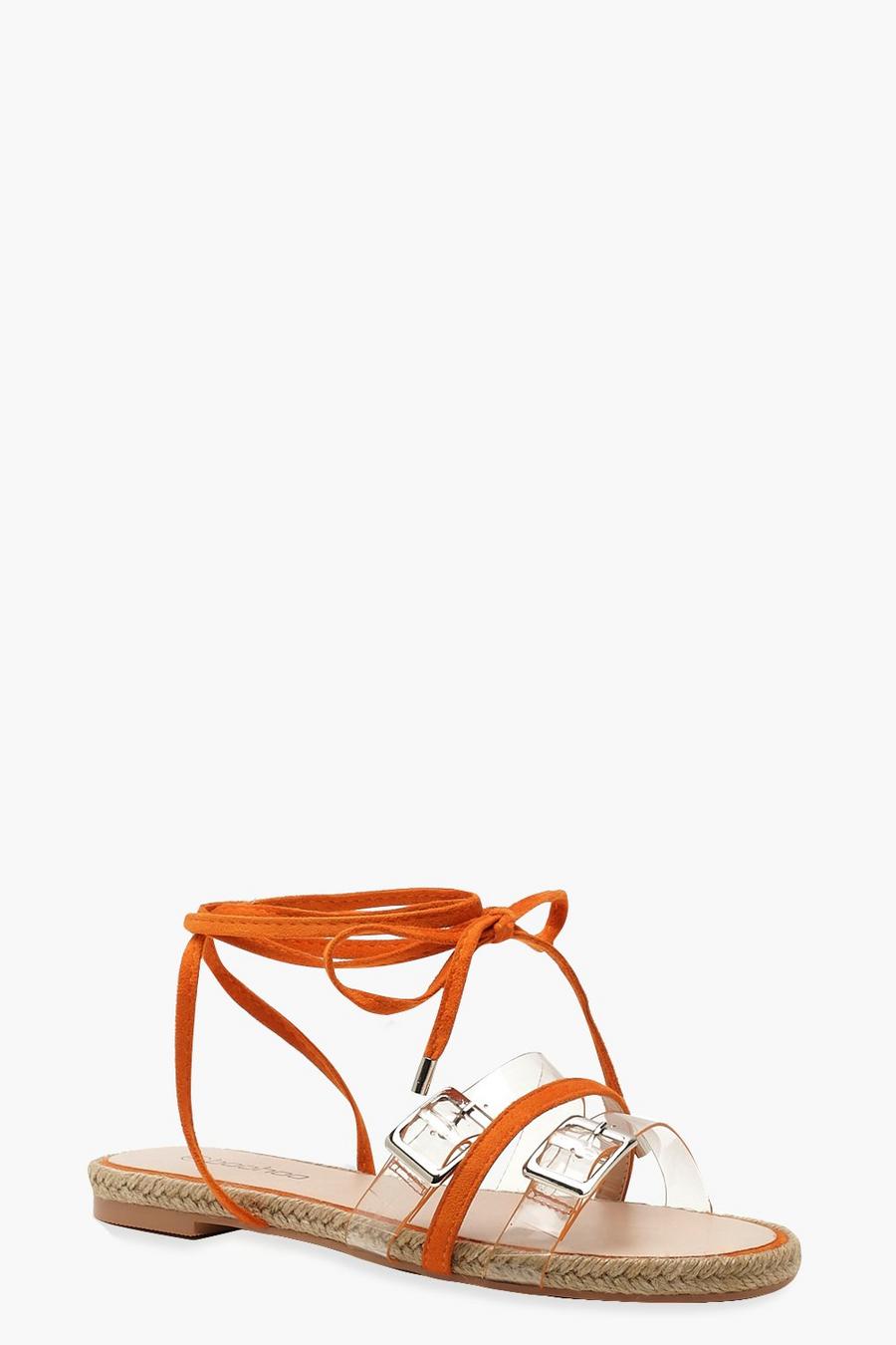 Orange Clear Strap Wrap Espadrille Sandals image number 1