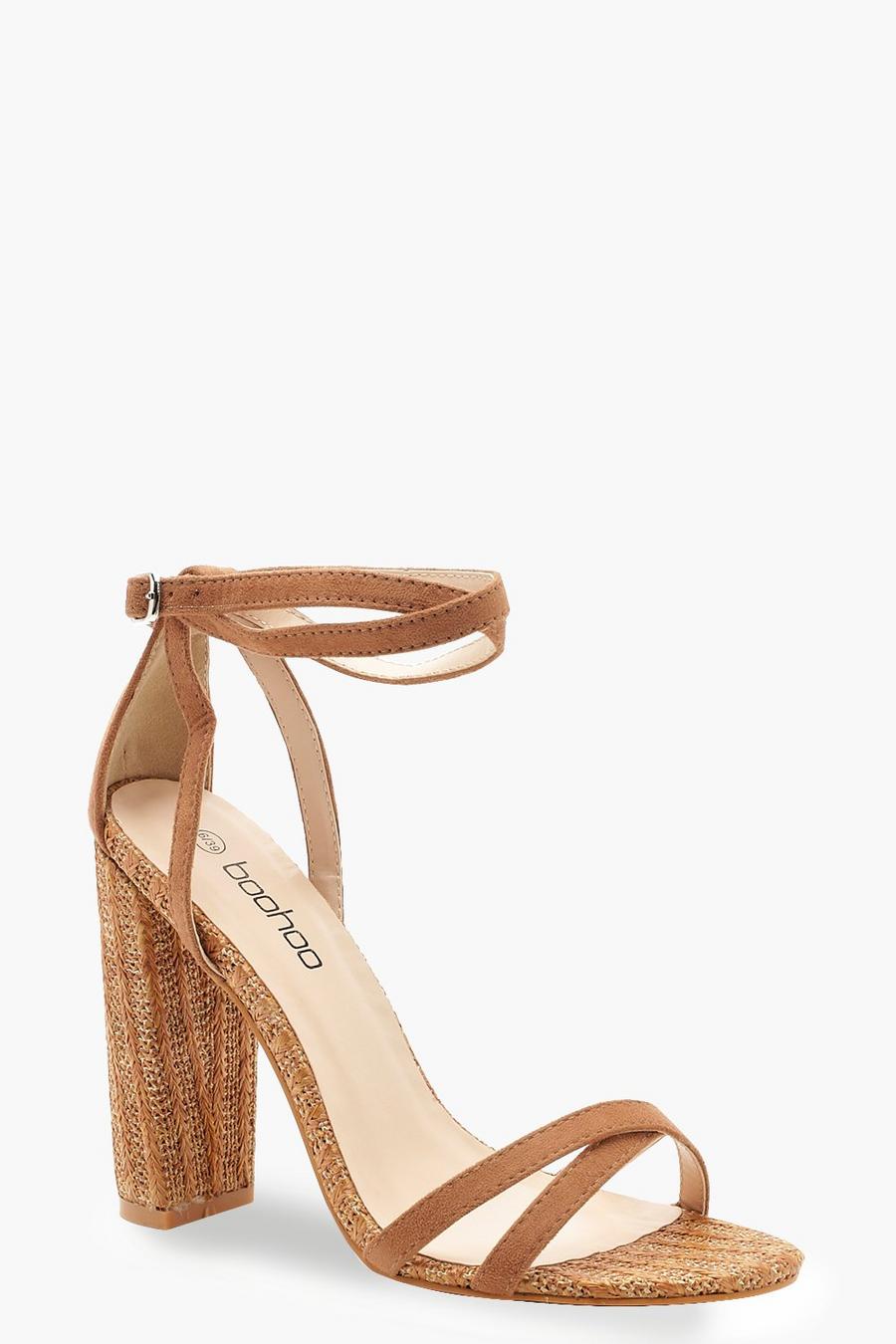 Tan Woven Strappy Block Heels image number 1