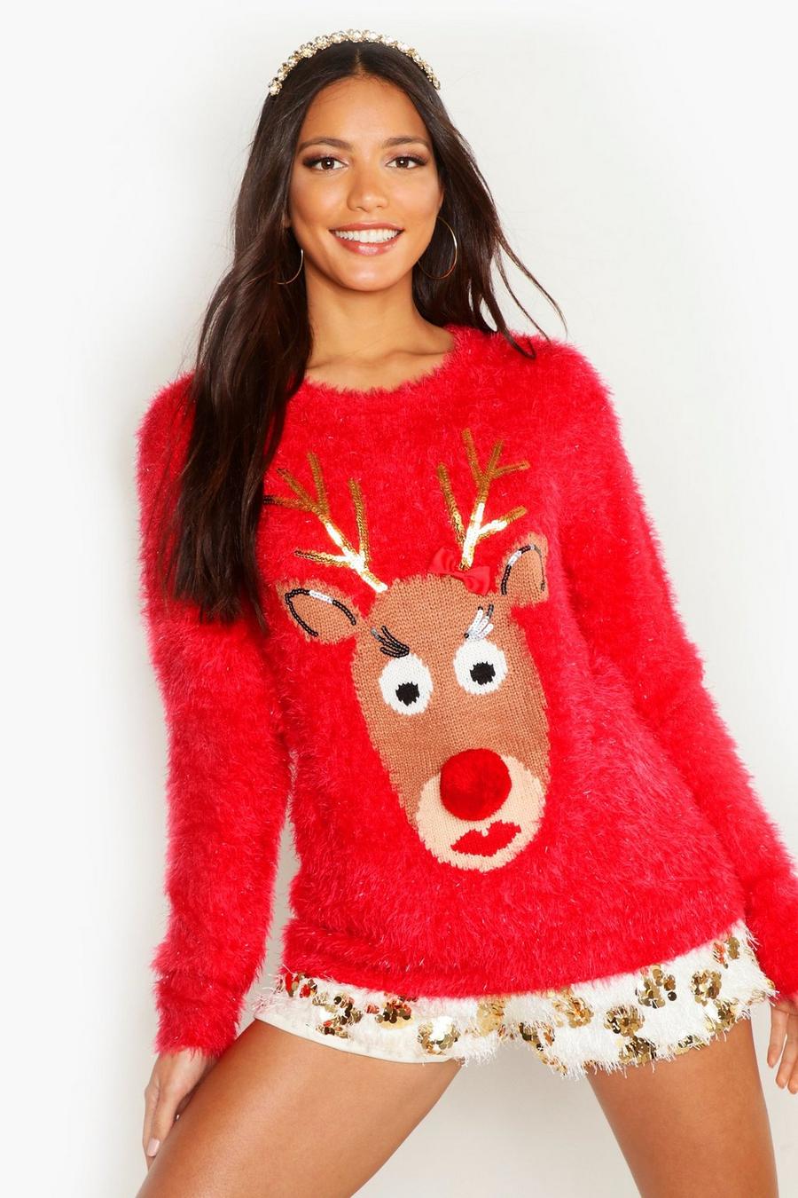 Reindeer Fluffy Knit Christmas Sweater image number 1