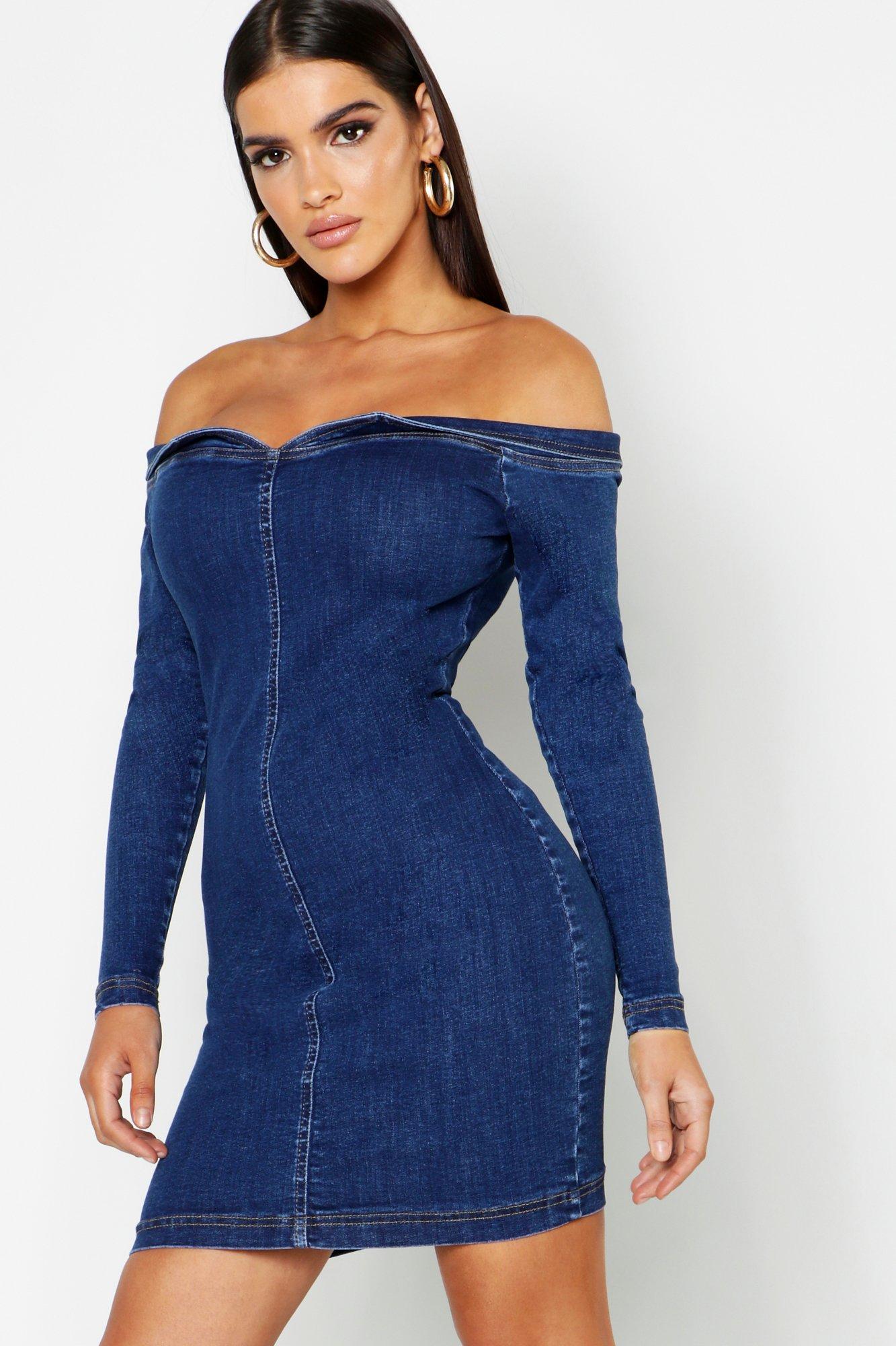 boohoo off shoulder denim dress