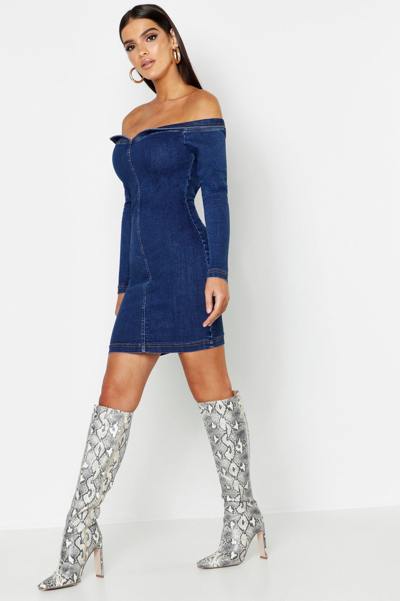 boohoo off the shoulder denim dress