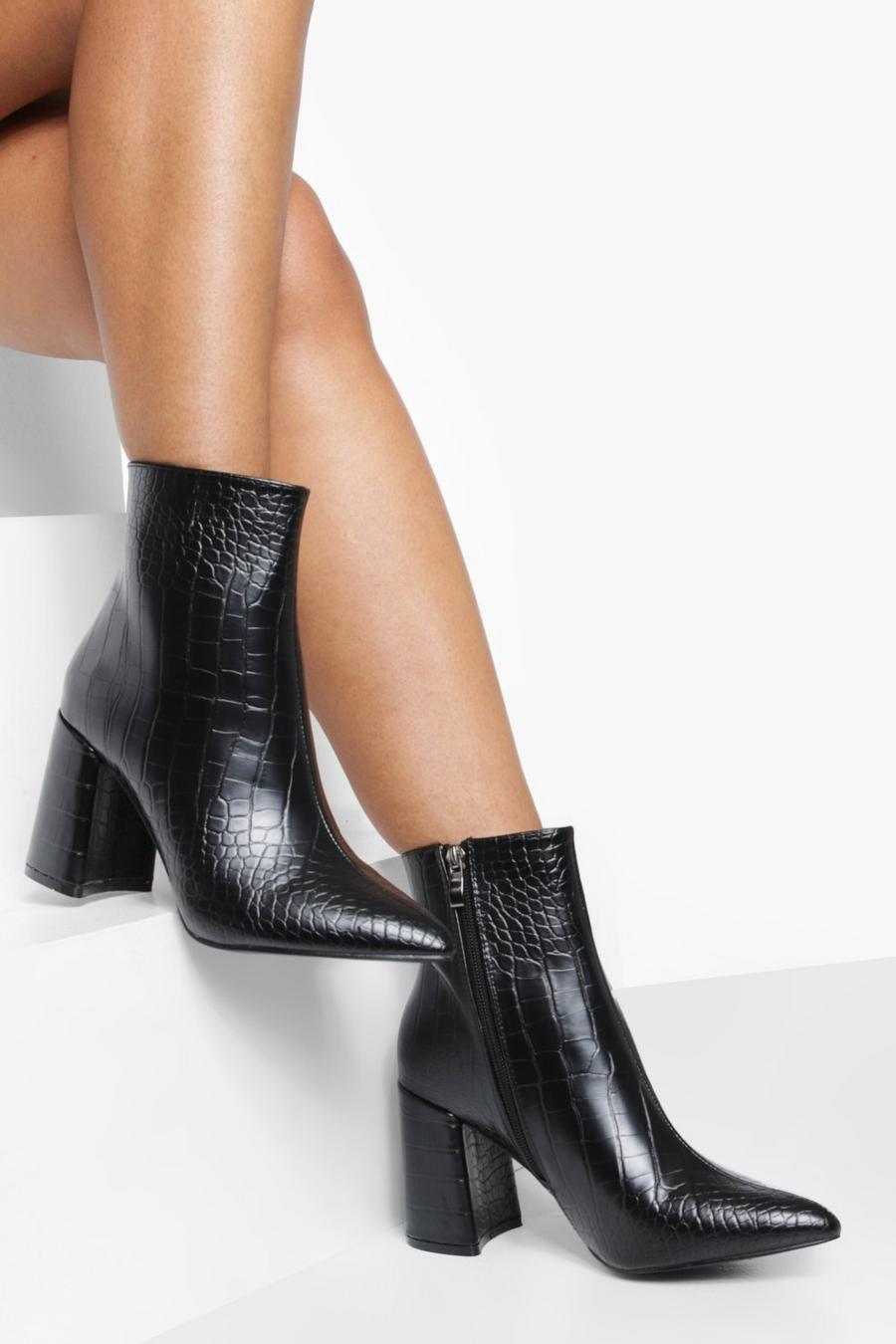Kroko Socken-Stiefel mit Blockabsatz, Schwarz noir