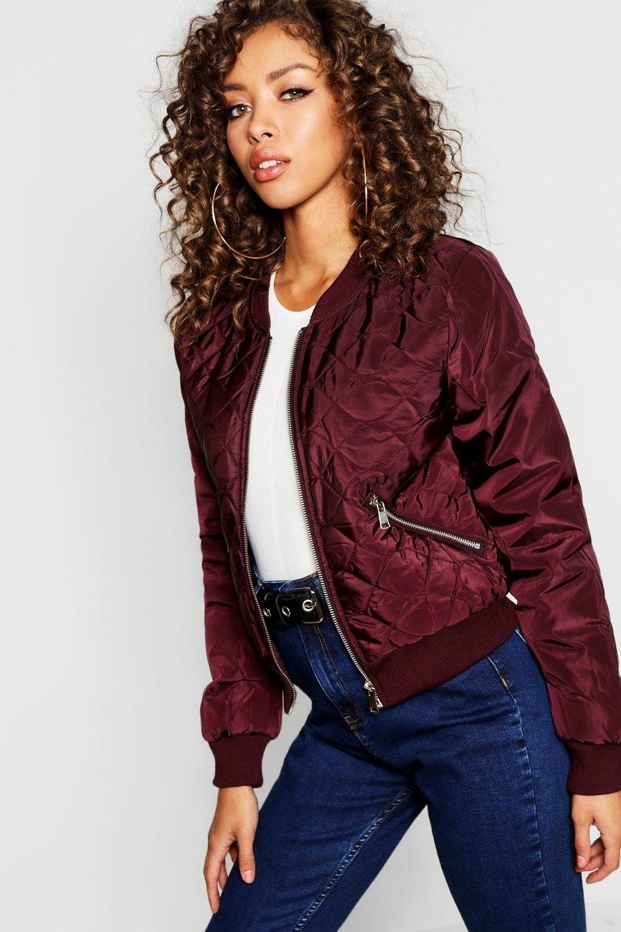 Berry rojo Quilted Bomber Jacket image number 1