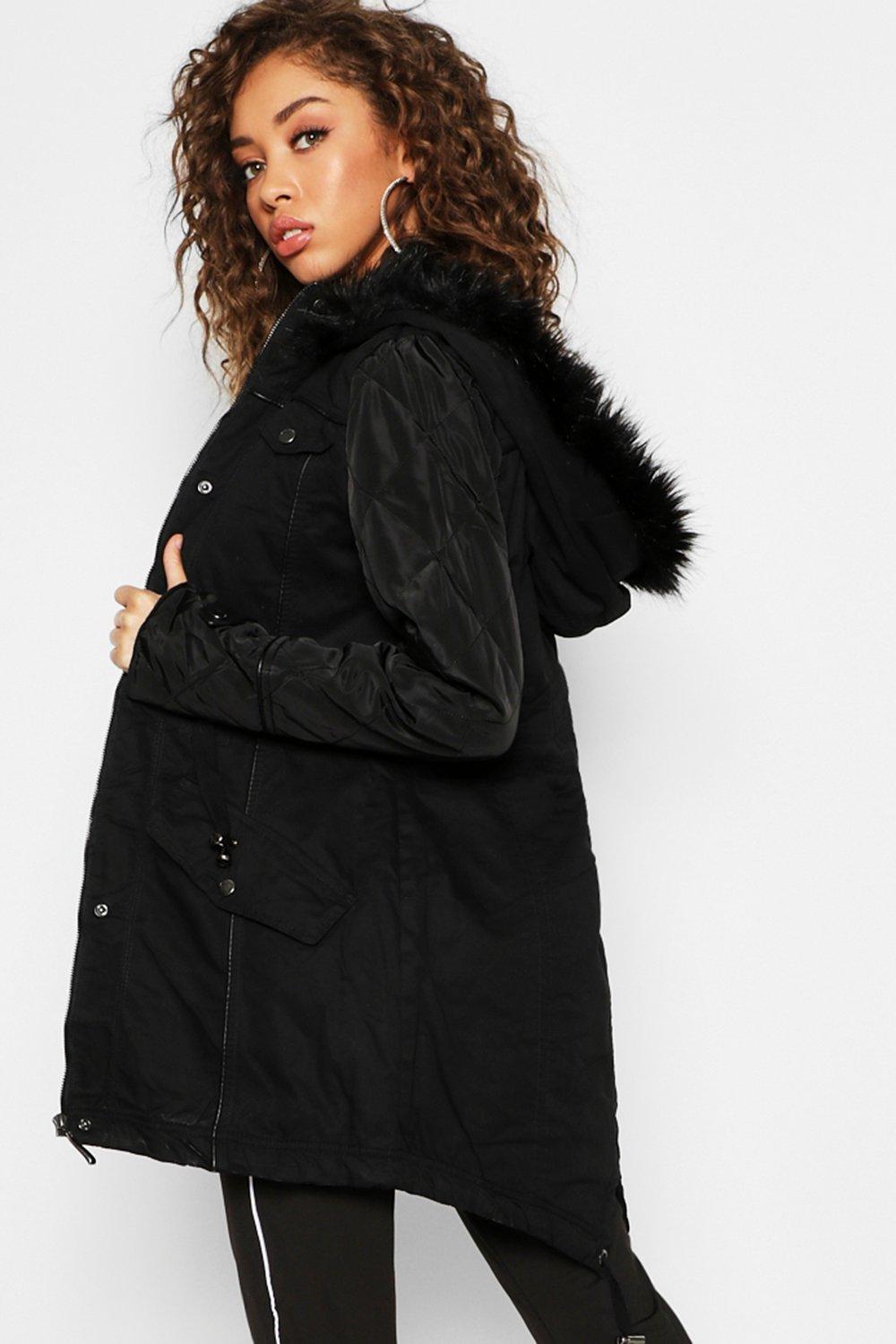 Fur coat with leather on sale sleeves