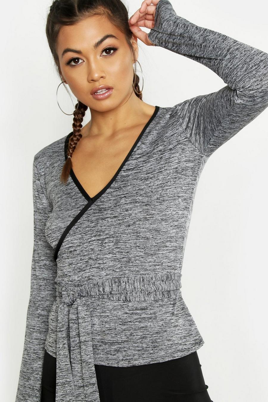 Grey marl Fit Long Sleeve Wrap Yoga Top image number 1