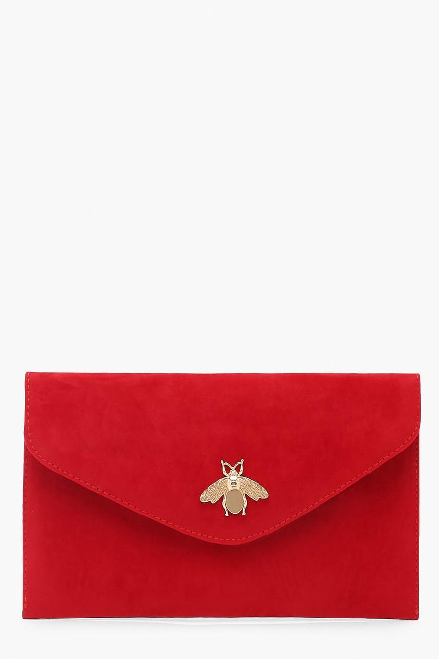 Bolso de mano estilo sobre con abeja metálica, Rojo image number 1
