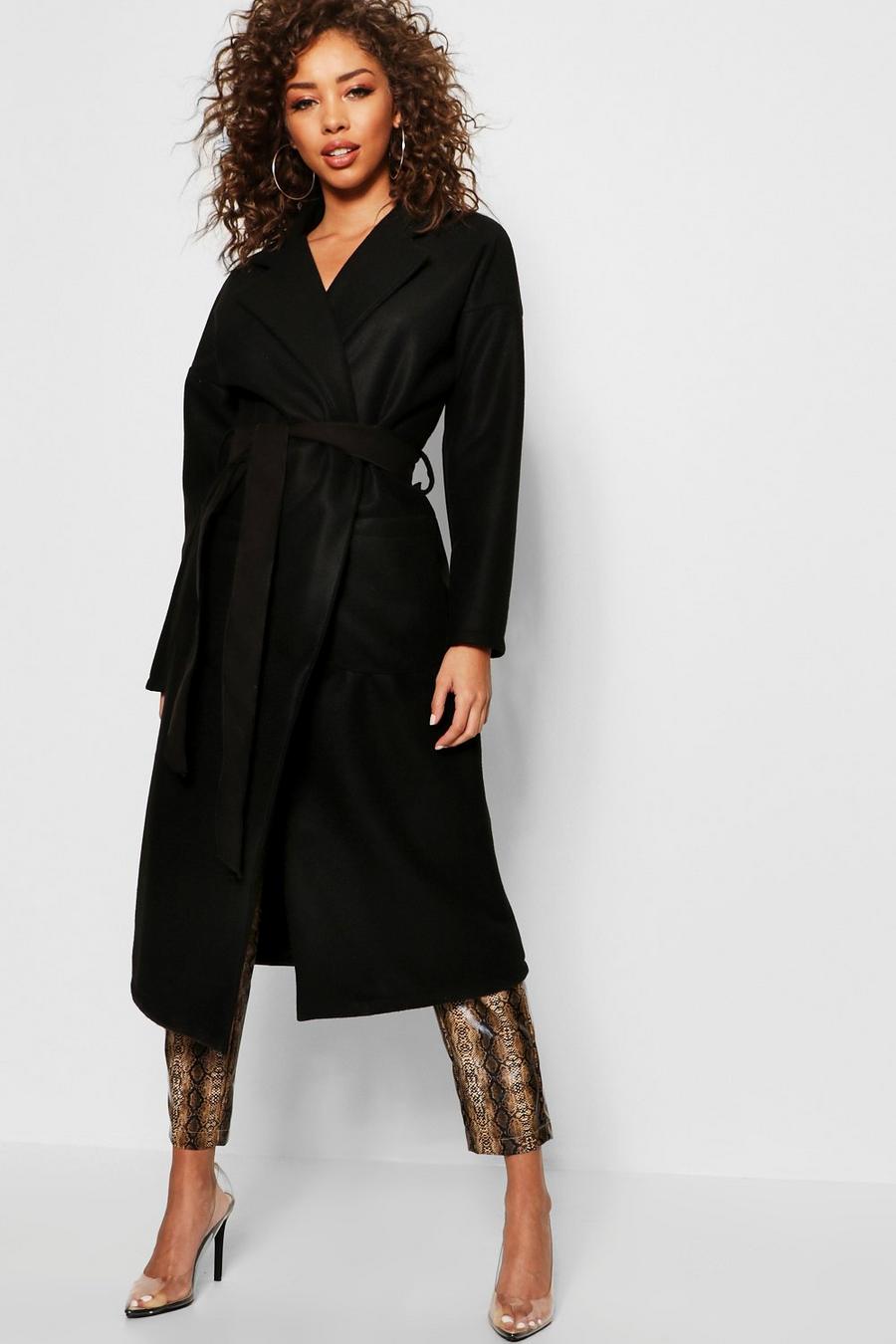 Black Longline Belted Wool Look Coat