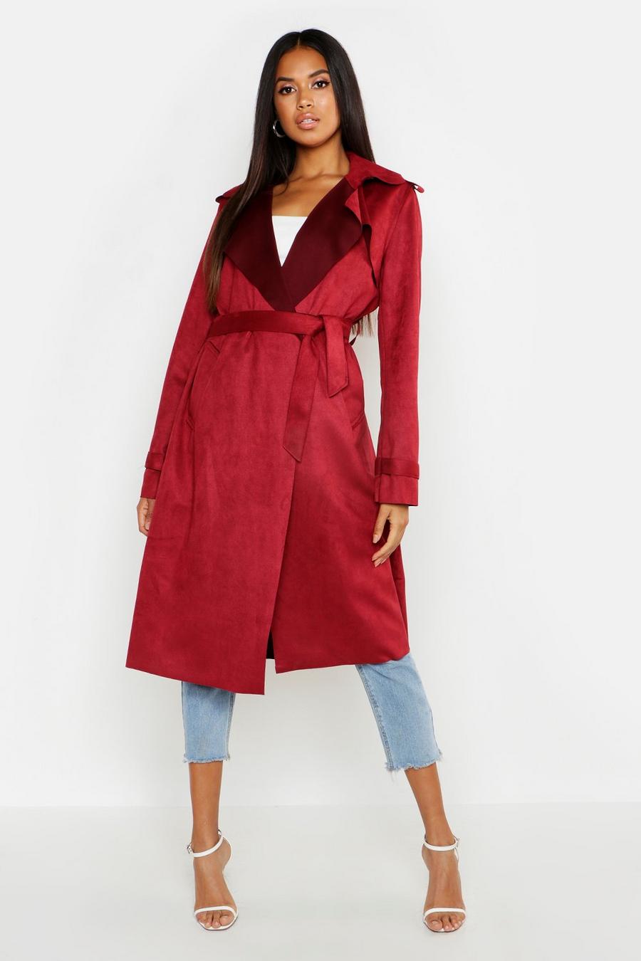 Wine Faux Suede Belted Trench Coat image number 1