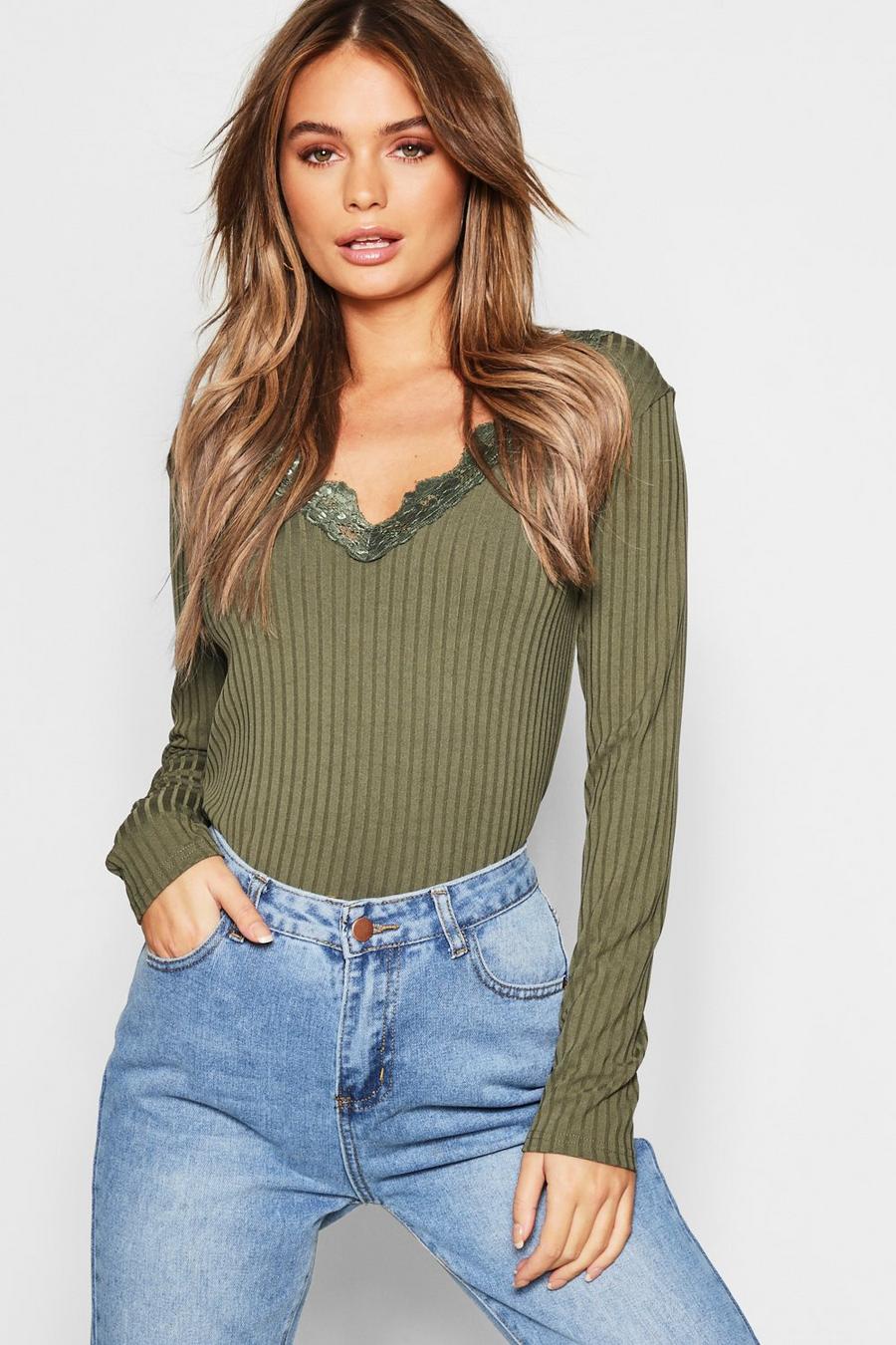 Long Sleeve Lace Trim Rib T-Shirt, Khaki image number 1